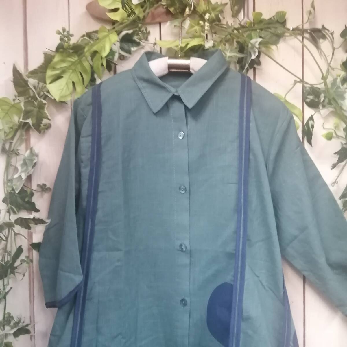 FW04775-3* new work * circle pattern * design blouse * shirt * front opening *5 minute sleeve * green * size M~L easy cotton 100%