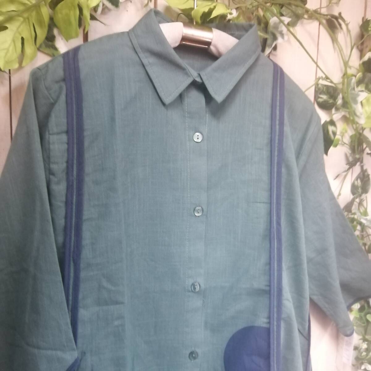 FW04775-3* new work * circle pattern * design blouse * shirt * front opening *5 minute sleeve * green * size M~L easy cotton 100%