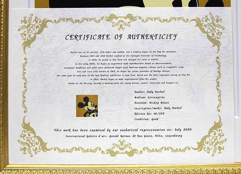 アンディ・ウォーホル 証明書 シルク 直筆サイン「Mickey Mouse ミッキーマウス 46/250」真作保証の画像5