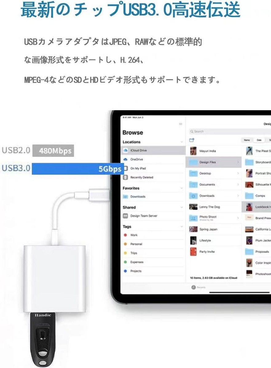 iPhone USBカメラアダプタ USB変換アダプタ 接続ケーブル iPhone/iPad【2 in1】高速 双方向転送