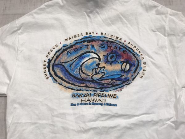 HANES ヘインズ製 90s NORTH SHORE バンザイ・パイプライン HAWAII ハワイ オールド サーフ古着 半袖Tシャツ メンズ バックプリント有 M 白_画像3