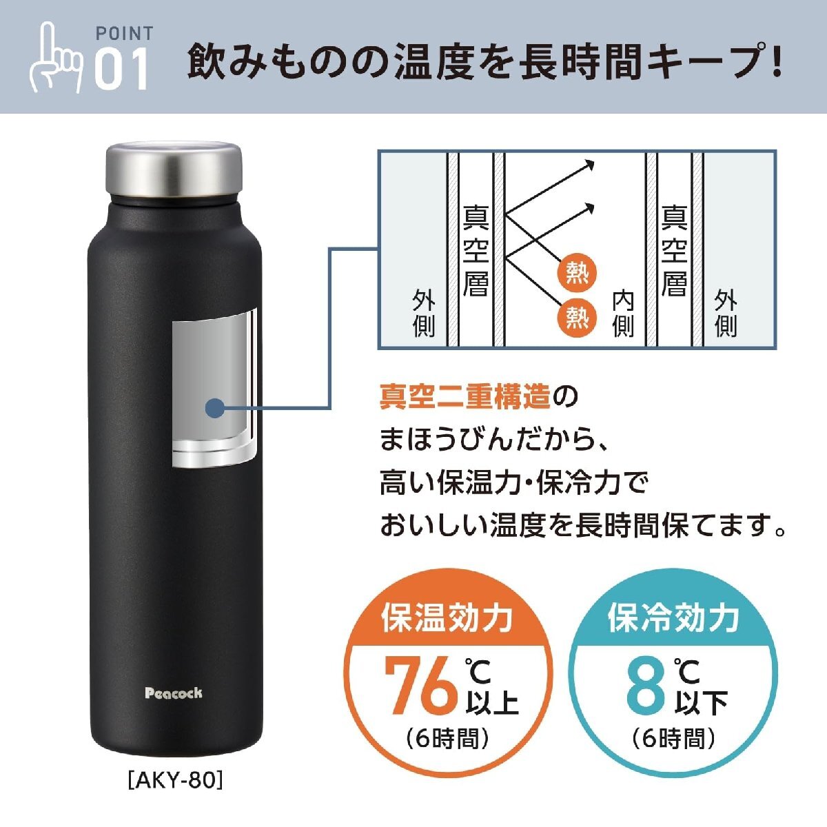 送料無料★ピーコック魔法瓶 水筒 800ml 軽い水筒 保冷保温 大容量 ステンレスボトル (グラファイトブラック)_画像3