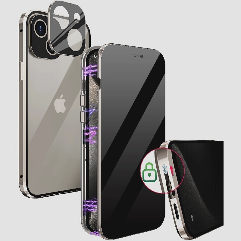 送料無料★iPhone15 ケース 覗き見防止 一体型レンズ 透明両面強化ガラス 全面保護 金属ケース(ナチュラルチタンカラー)_画像1