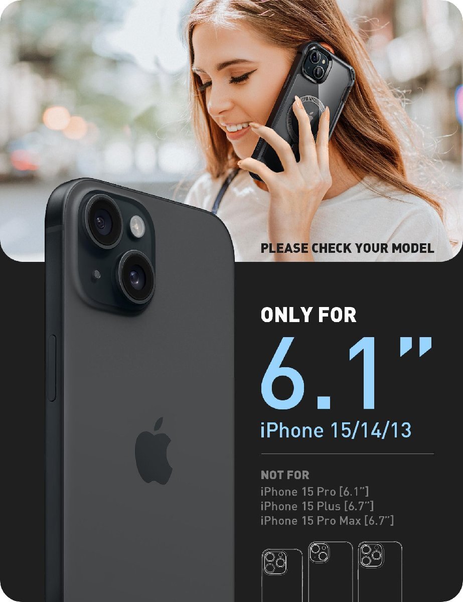 送料無料★i-BLASON iPhone 15/14/13 用 ケース マグネット搭載 背面透明 MagSafe対応(ブラック)_画像2