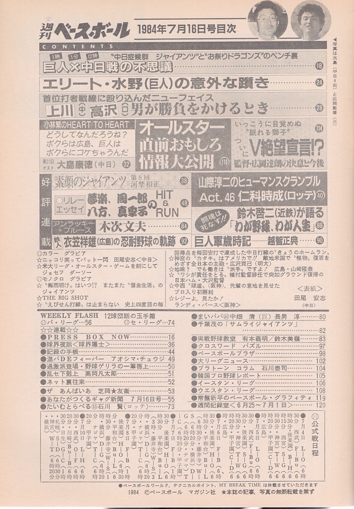 雑誌「週刊ベースボール」1984.7/16号★表紙&特集：田尾安志(中日)★大島康徳/V絶望宣言!広岡達朗/山崎隆造(広島)/MLBオールスターゲーム★_画像2