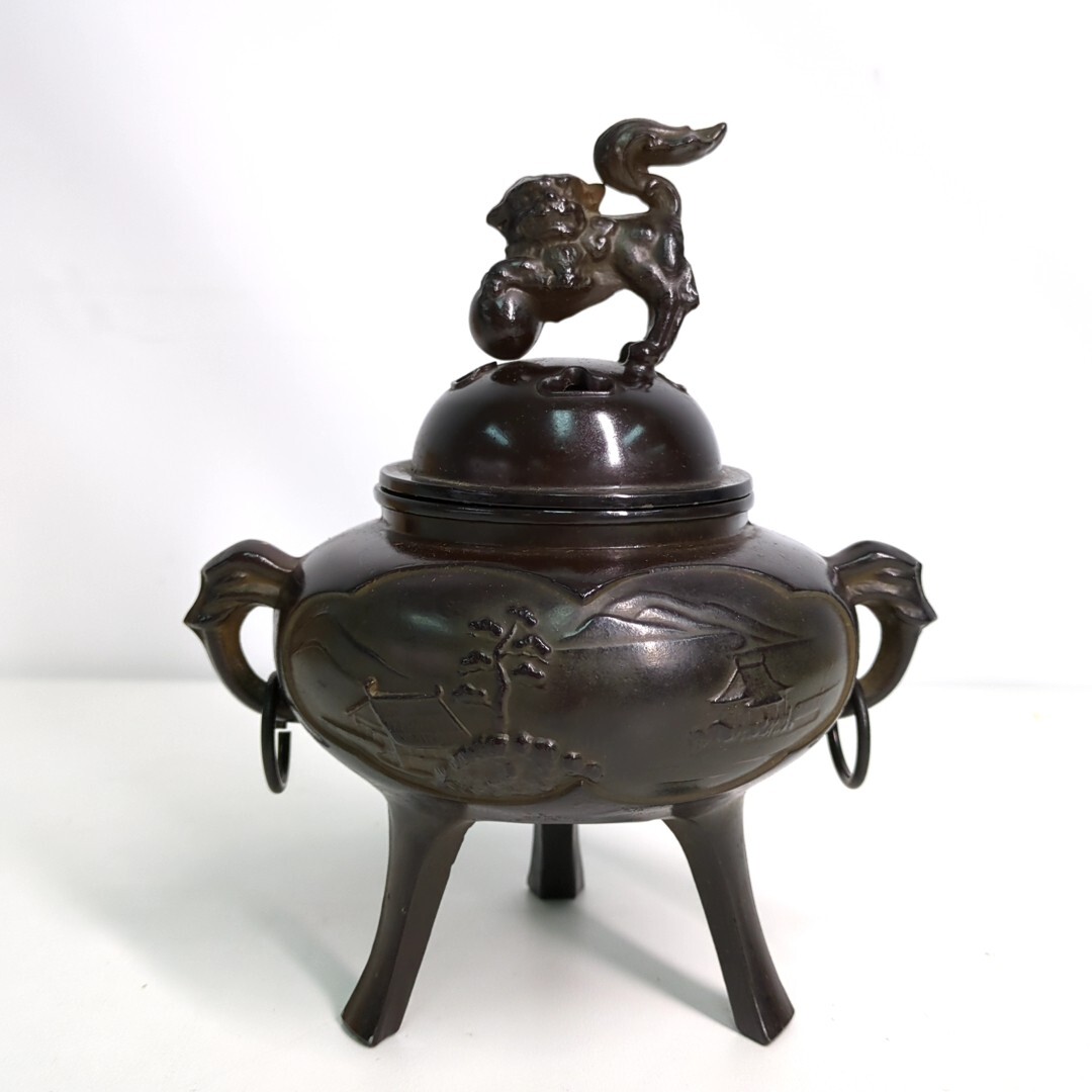 古銅 獅子香炉 三足 香道具 仏具 銅製 金属工芸 共箱の画像2