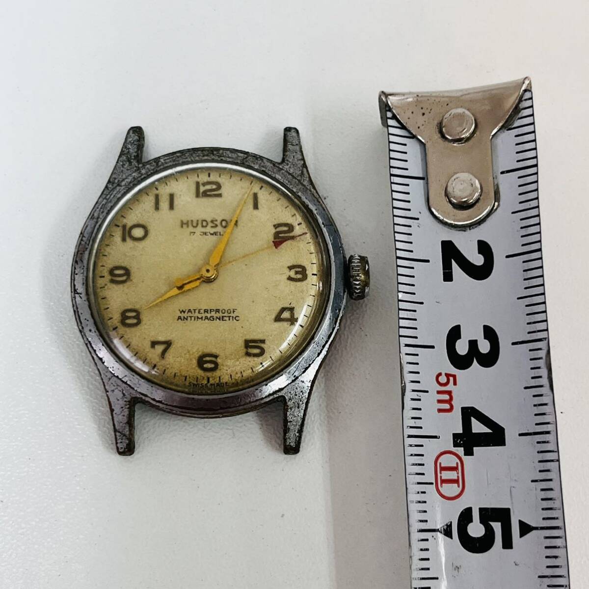 【動作品】HUDSON 17JEWELS ANTIMAGNETIC INCABLOCハドソン 17石 赤針 スイス製 機械式 手巻 メンズ 腕時計 アンティーク ビンテージの画像7