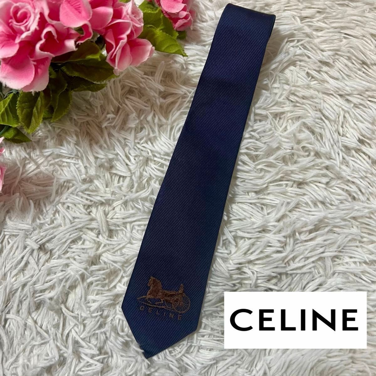 【美品】CELINE セリーヌ　ネクタイ　キッズ　子供用　馬車　ロゴ　ネイビー