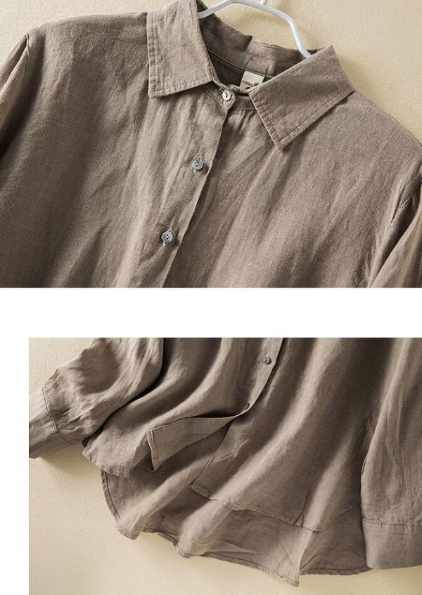春 シンプル リネン チュニック 素敵な 無地 大きいサイズ 長袖 ブラウスシャツ トップス カーキ/LサイズK0324_画像2