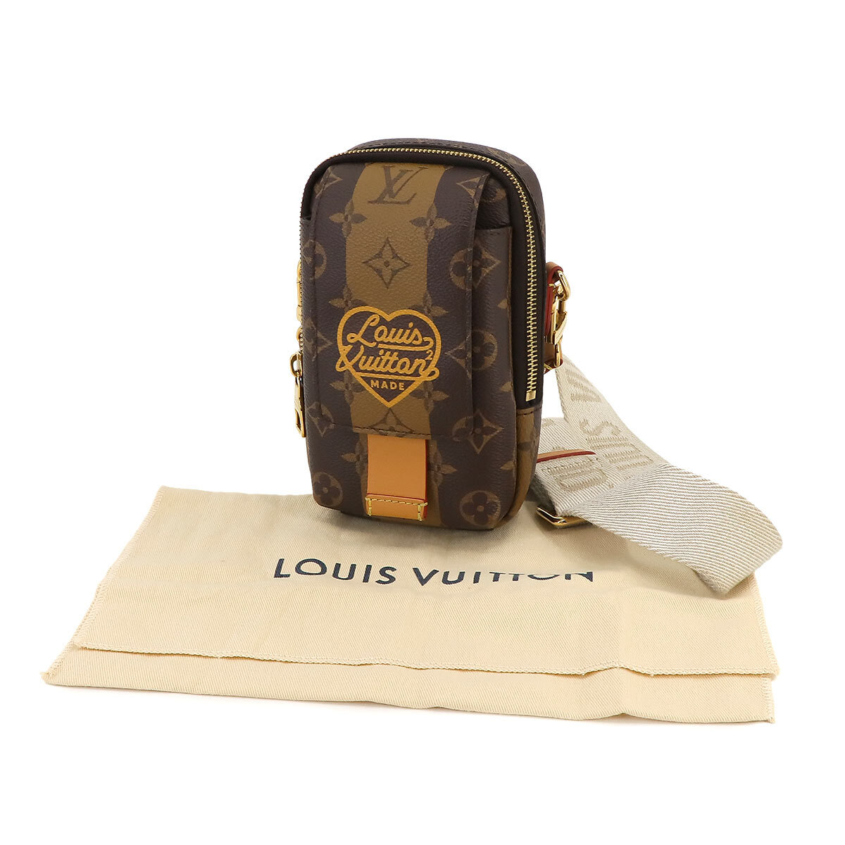 ルイ ヴィトン LOUIS VUITTON モノグラム ストライプ ダブル フォンポーチ ショルダー バッグ ブラウン M81005 RFID 90228585_画像9