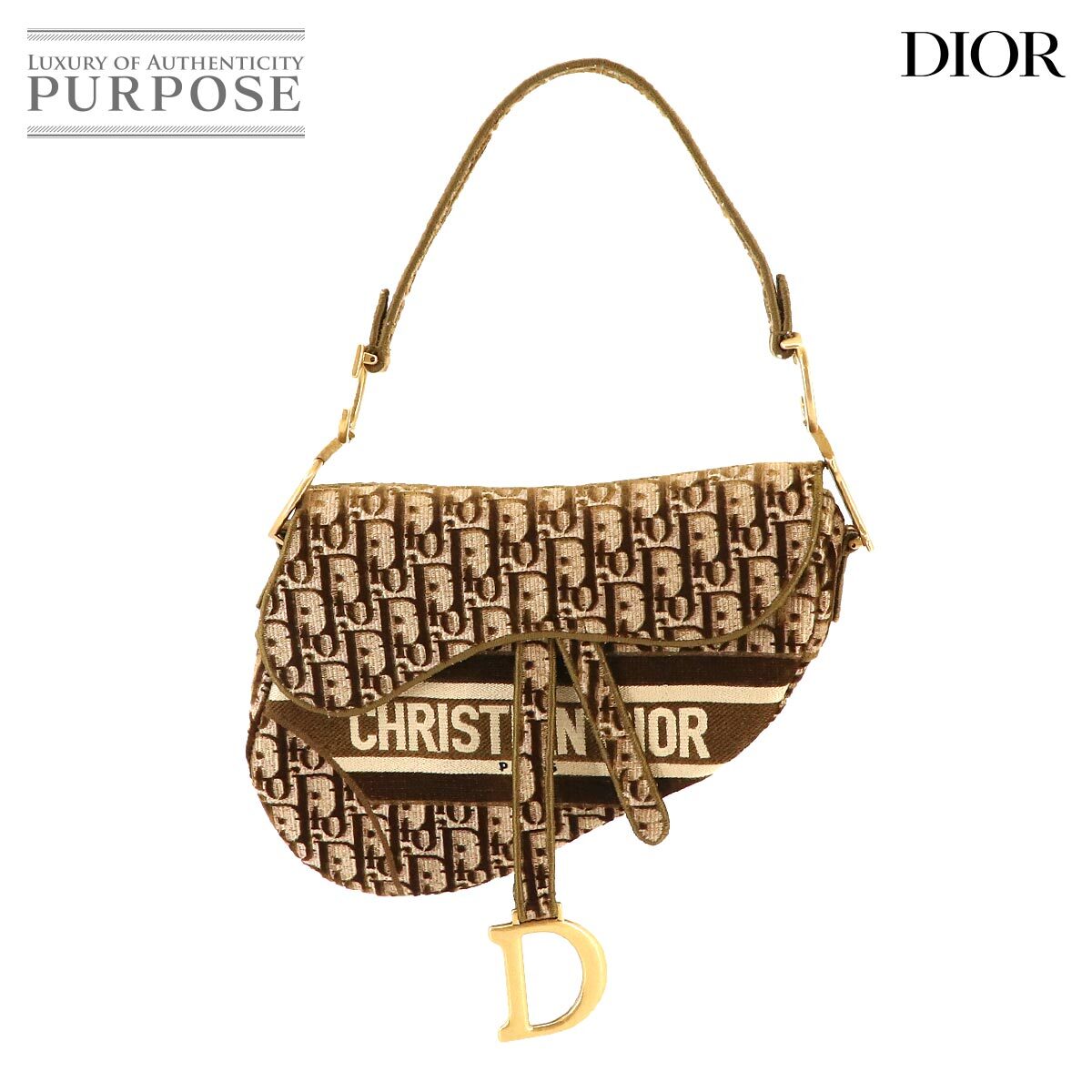 新品同様 クリスチャン ディオール Christian Dior オブリーク サドル ショルダー バッグ ベロア ブラウン Oblique Saddle Bag 90230226_画像1