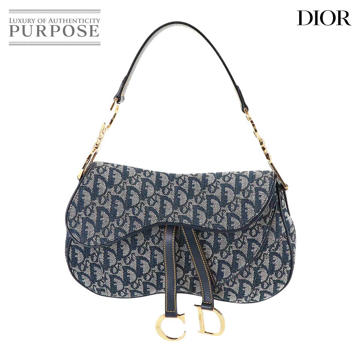 新品同様 クリスチャン ディオール Christian Dior トロッター ダブルサドルバッグ ショルダー バッグ キャンバス ネイビー 90229575_画像1