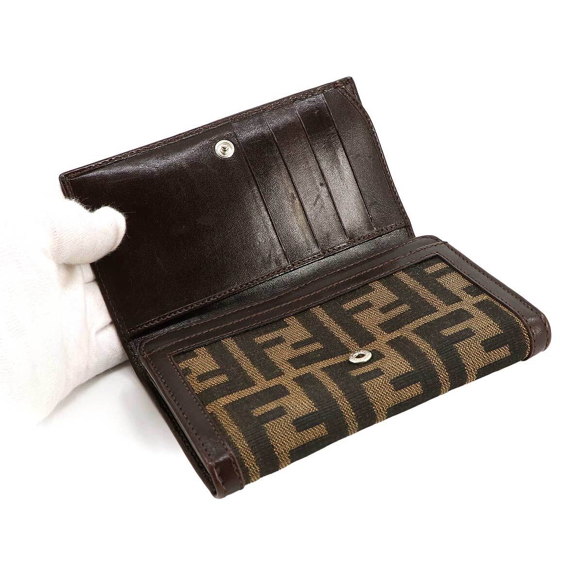 フェンディ FENDI ズッカ柄 二つ折り 財布 キャンバス レザー ブラウン 31052 シルバー 金具 Compact Wallet 90231806_画像5