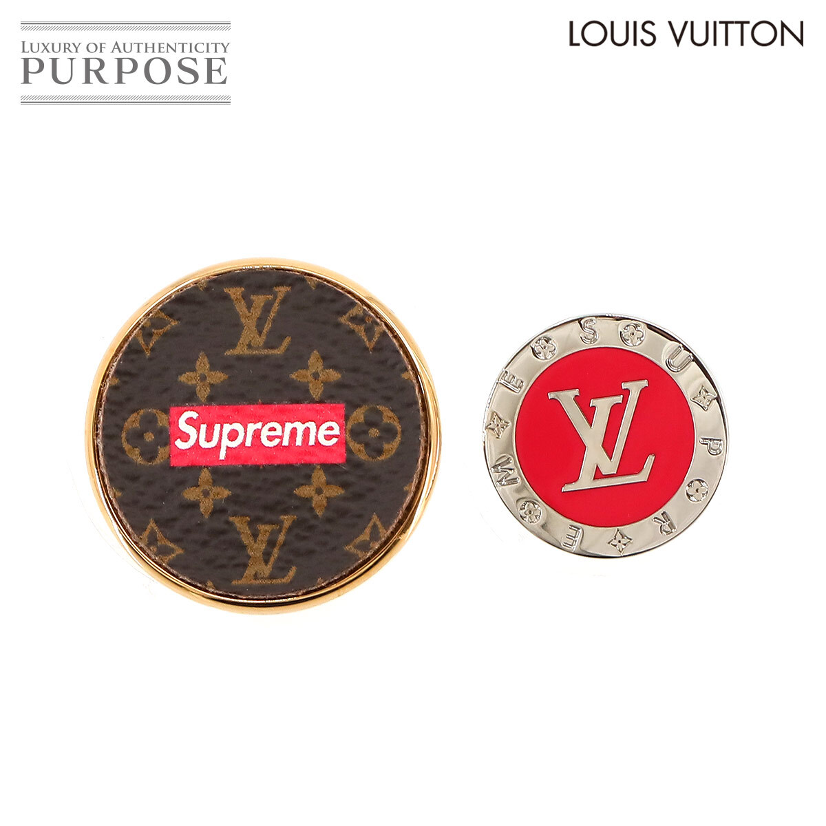  unused exhibition goods Louis Vuitton LOUIS VUITTON Supreme monogram pin brooch 2 point set Brown red MP2076 Lapel Pin 90232069