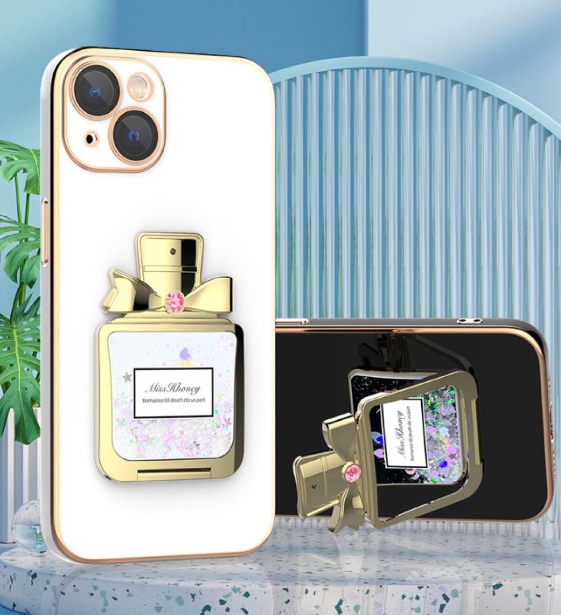 iPhoneケース【iPhone14ピンク】グリッター香水瓶スタンド付きカバー 耐衝撃 カバー