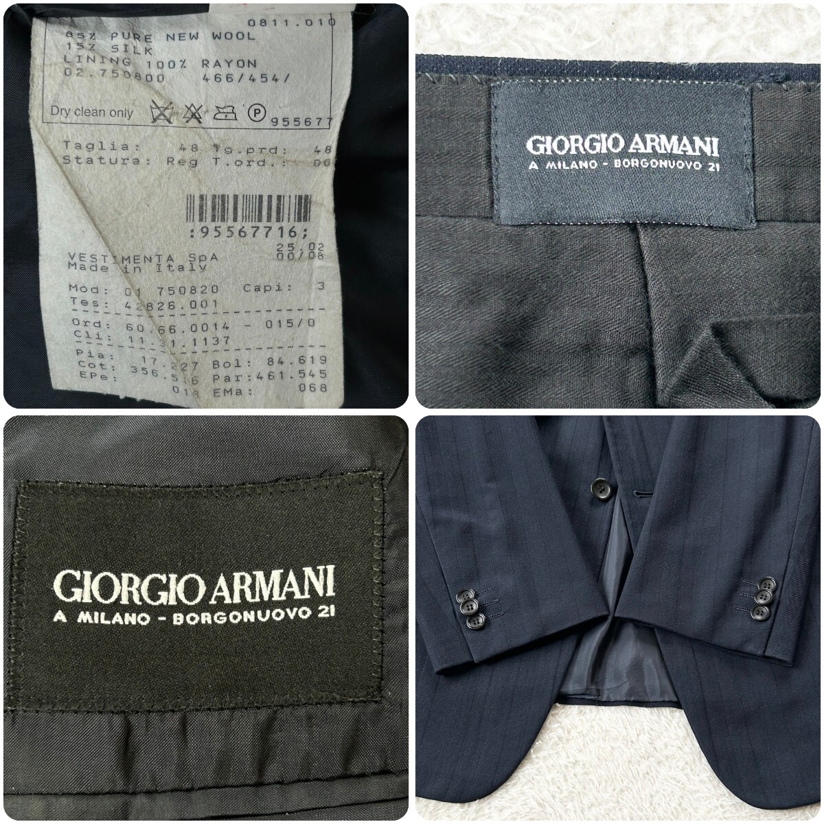 1円～ 未使用級 GIORGIO ARMANI ジョルジオアルマーニ スーツセットアップ シルク 最高級ライン 黒タグ イタリア製 ストライプ サイズ48 M_画像10