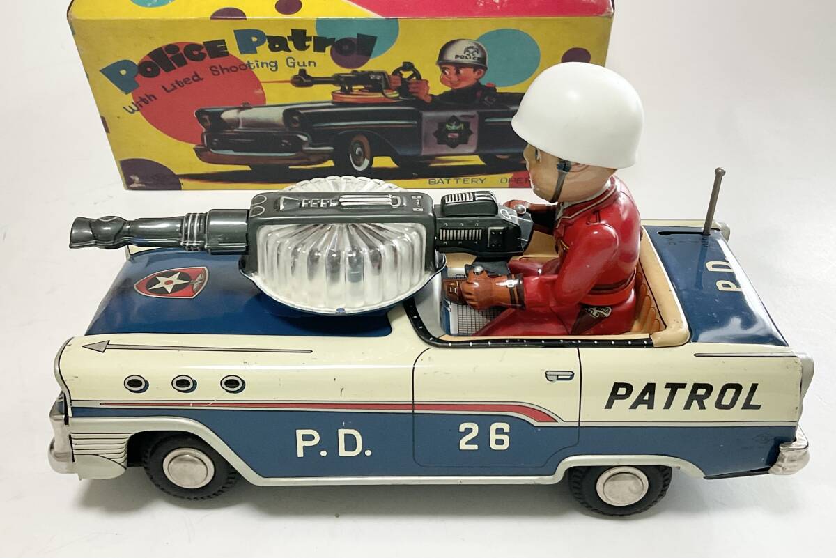  Police Patrol жестяная пластина игрушка SF электрический детективный роман action пробег с ящиком стрельба gun мигает эффект звук .. игрушка производства retro Vintage 