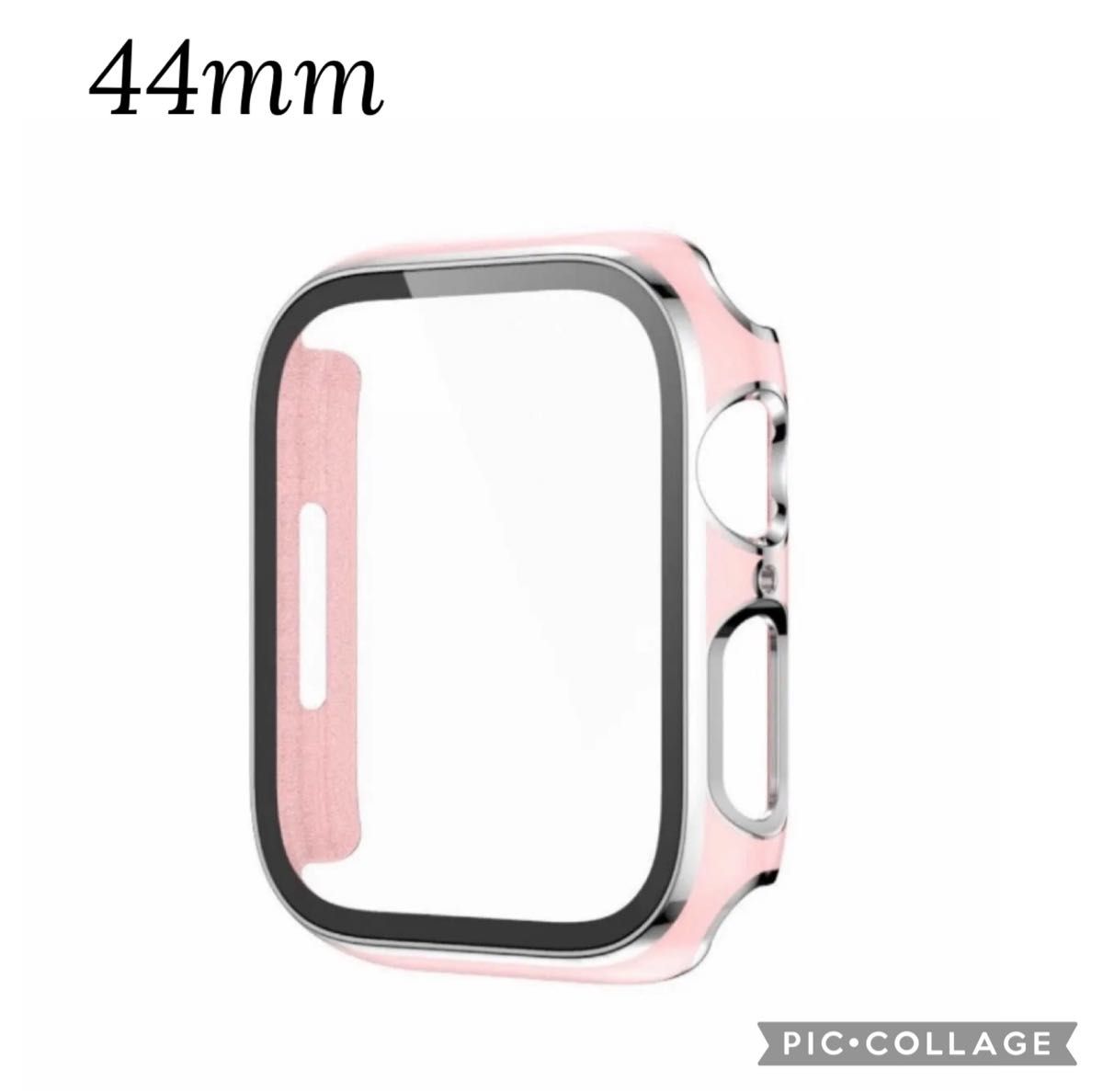 【ピンク＆シルバー】アップルウォッチ 保護ガラス付きカバー 44mm
