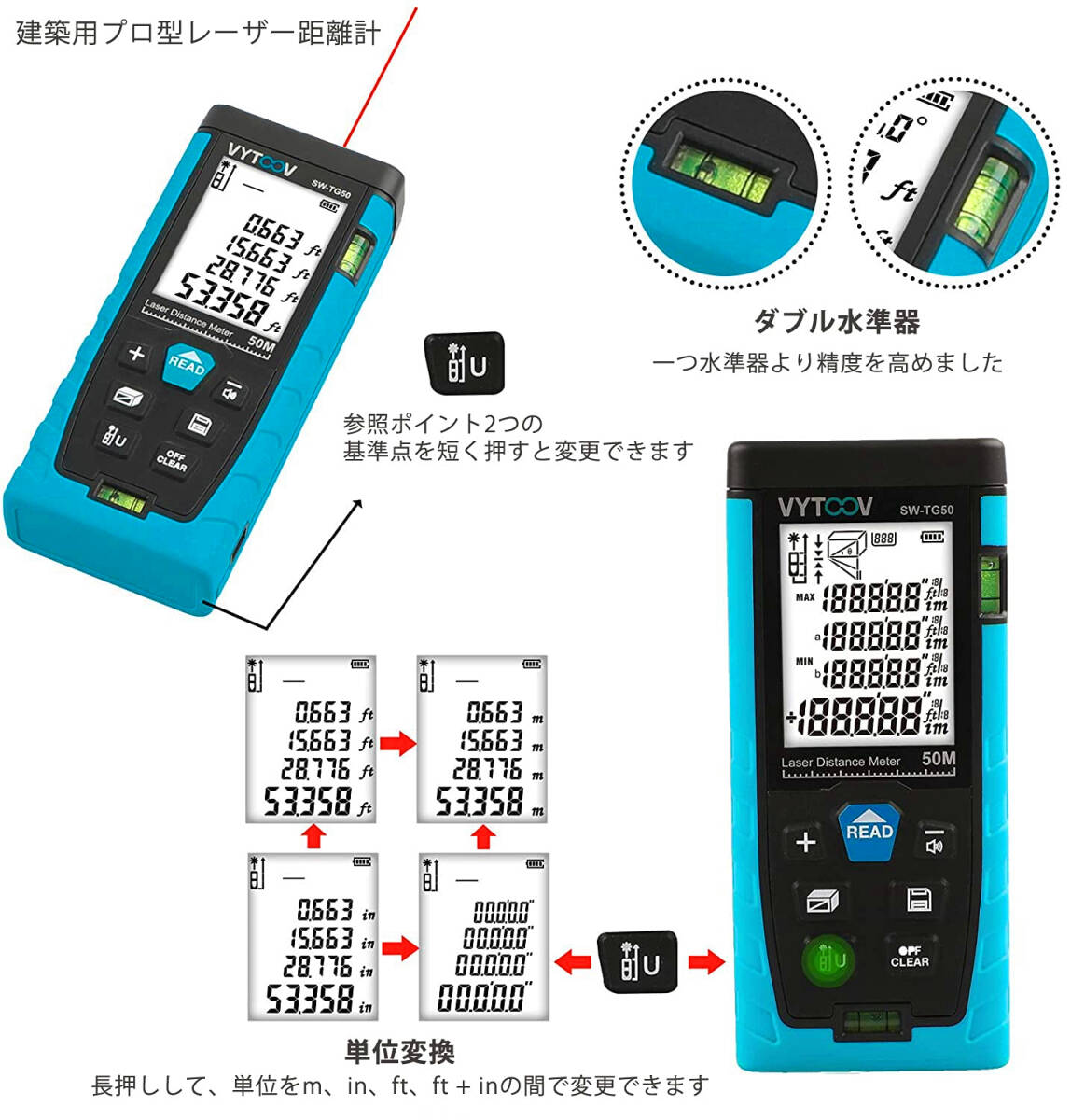 距離計 プロ型 故障率0 多国言語説明書 ダブル水平器　50M 多国販売