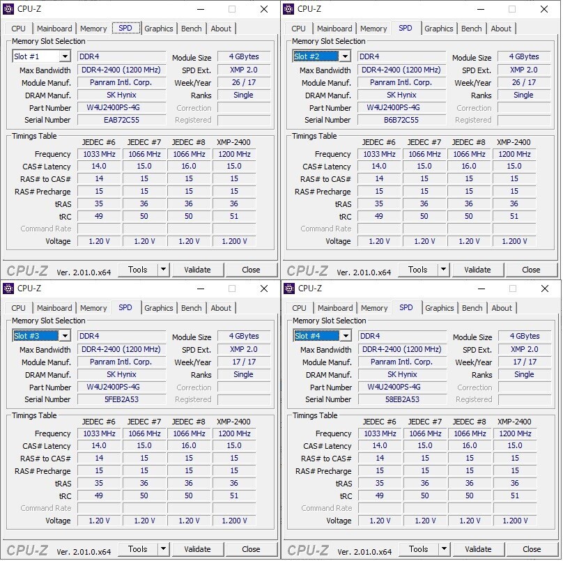 W4U2400PS-4G Panram 刻印 SK Hynixチップ搭載 - PC4-19200/DDR4-2400 XMP Unbuffered 288Pin DDR4 UDIMM 16GB(4GB x4) 動作品_画像4