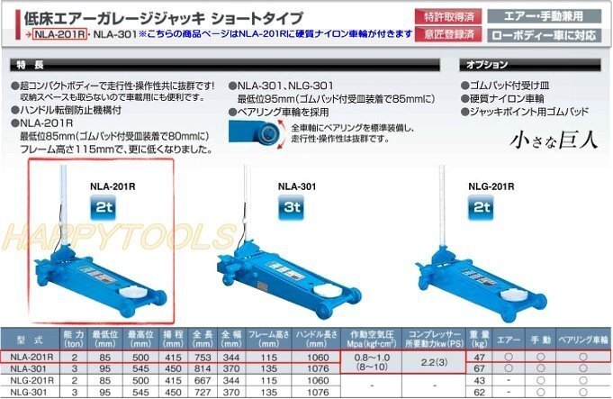 NLA-201R-KBR 長崎 低床エアーガレージジャッキ ショート エアー・手動兼用 2t 硬質ナイロン車輪付 代引発送不可 条件付送料無料 税込特価の画像3