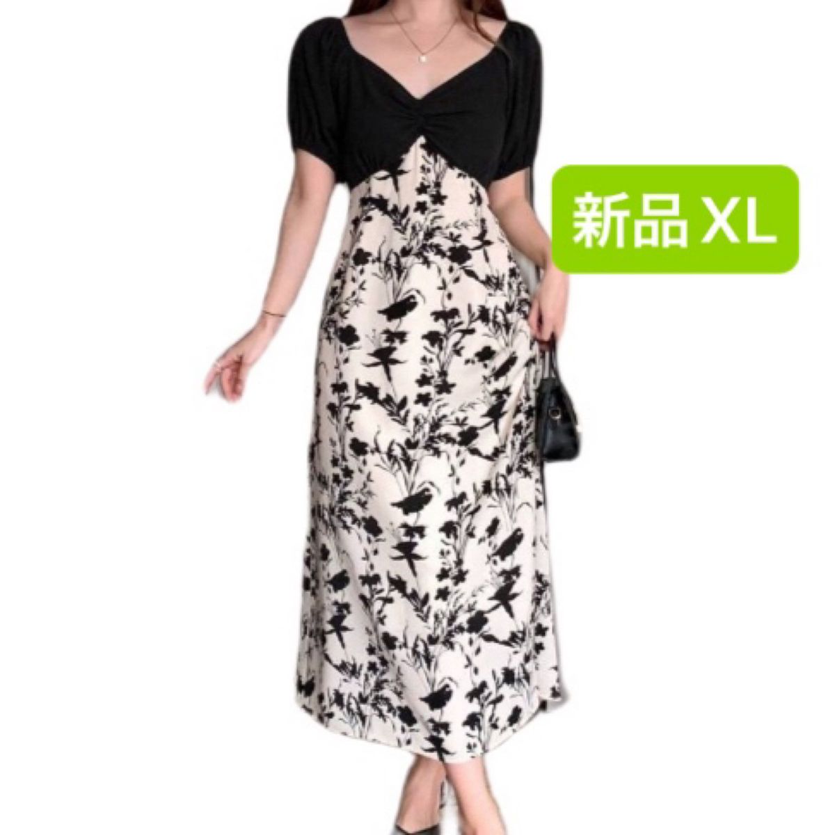新品　半袖ロング ワンピース　ブラック　薄手　XL 韓国風　ロングスカート　ゆったり　大きいサイズ　マキシ丈　花柄