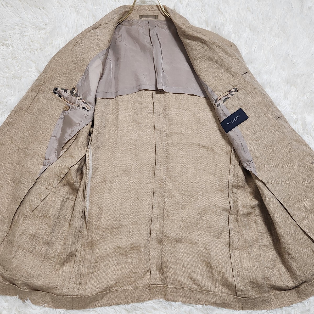 極美品 希少 XL相当 BURBERRY LONDON バーバリー ロンドン テーラードジャケット リネン100% ノバチェック ヘリンボーン ベージュ メンズ_画像6