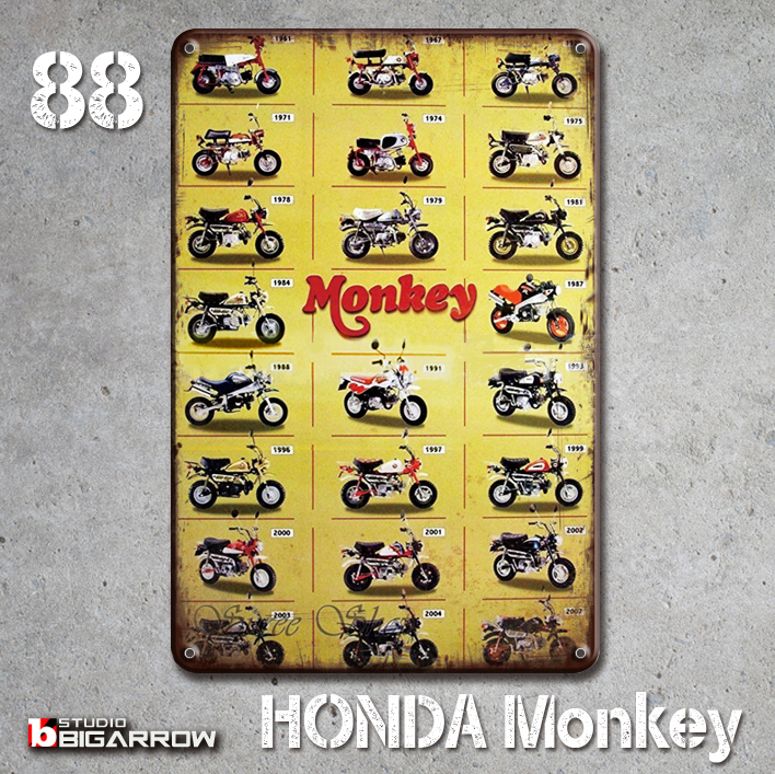 88 ブリキ看板 20×30㎝ 歴代モンキー HONDA MONKEY ガレージ メタルプレート アメリカンインテリア 世田谷ベース