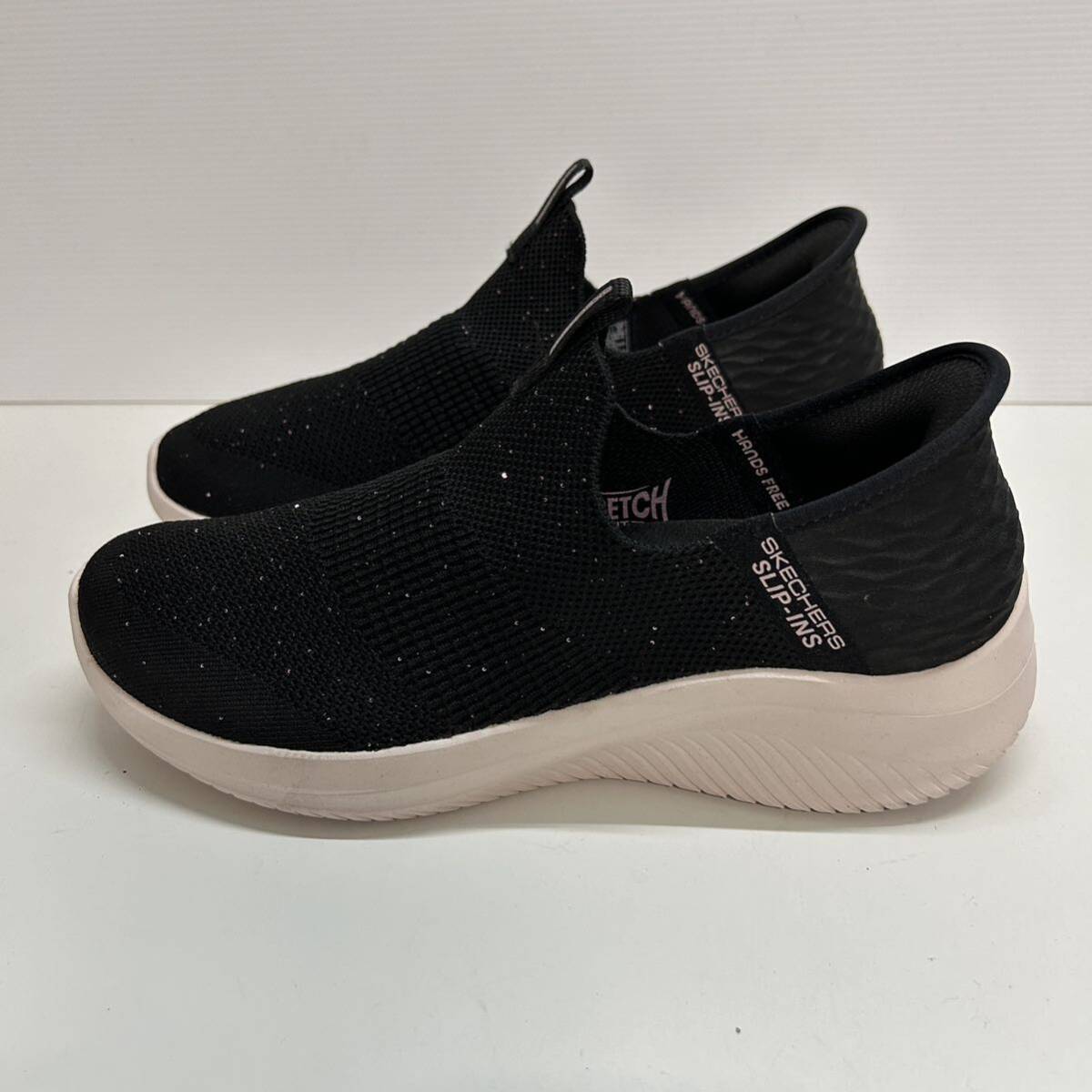 C492 unused SKECHERS Skechers lady's slip-on shoes sneakers US8 25cm black pink lame mesh beautiful goods 