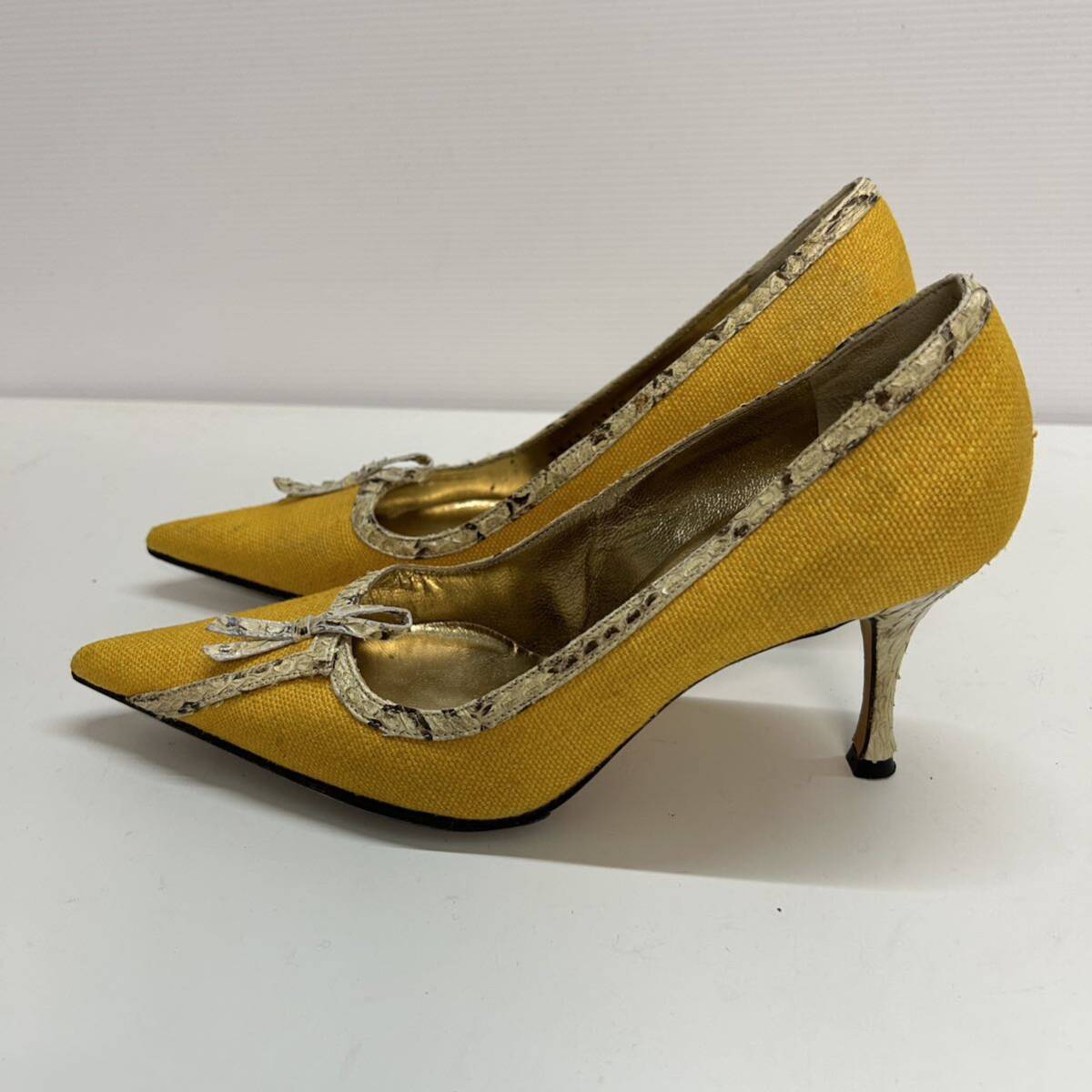 C423 DOLCE&GABBANA D&G Dolce and Gabbana Dolce&Gabbana женский po Inte dotu туфли-лодочки 35 примерно 22.5cm желтый кожа ткань 