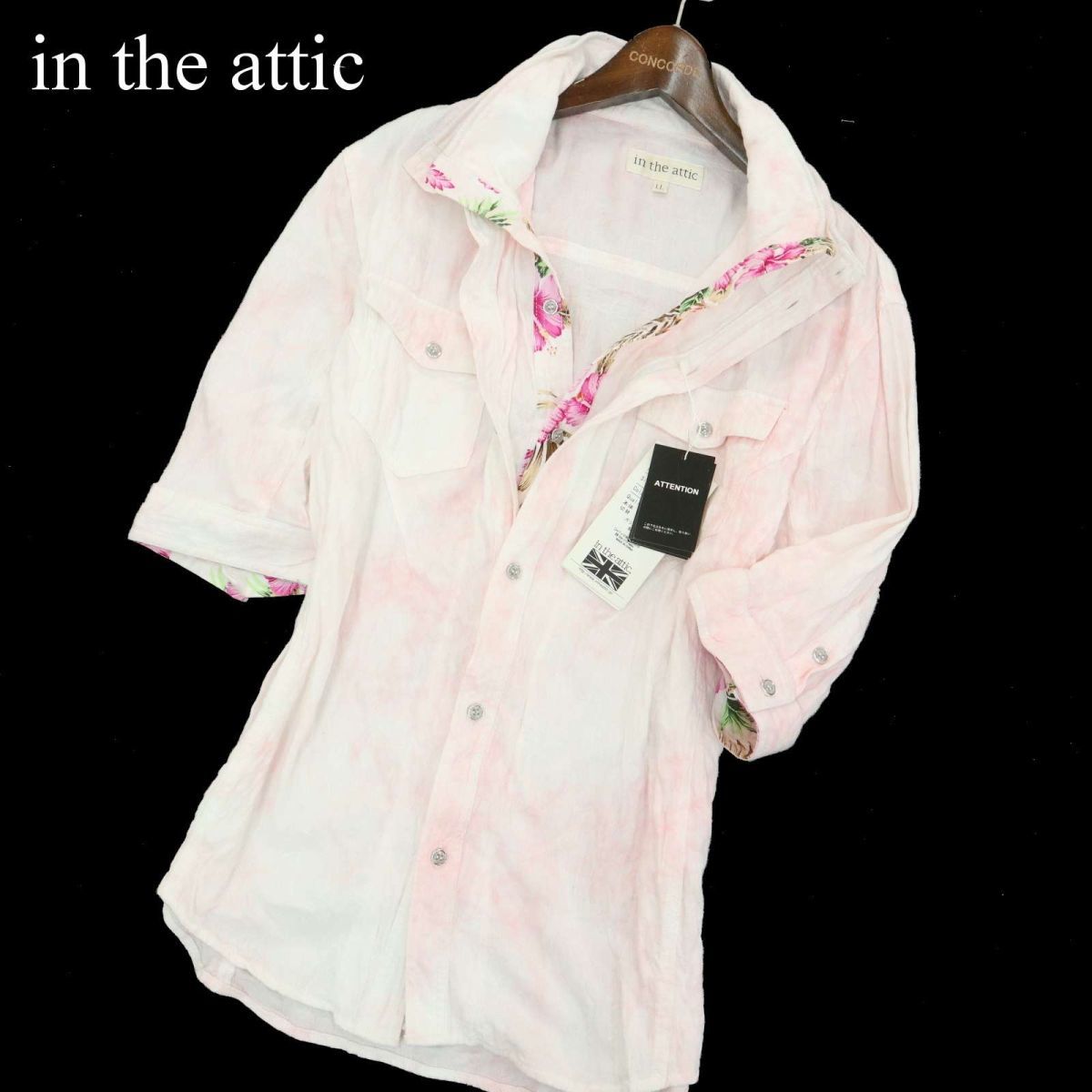 新品 未使用★ in the attic インジアティック レイヤード風 花柄 フラワー使い ムラ柄 半袖 ワーク シャツ Sz.LL　メンズ　A3T03851_4#A_画像1