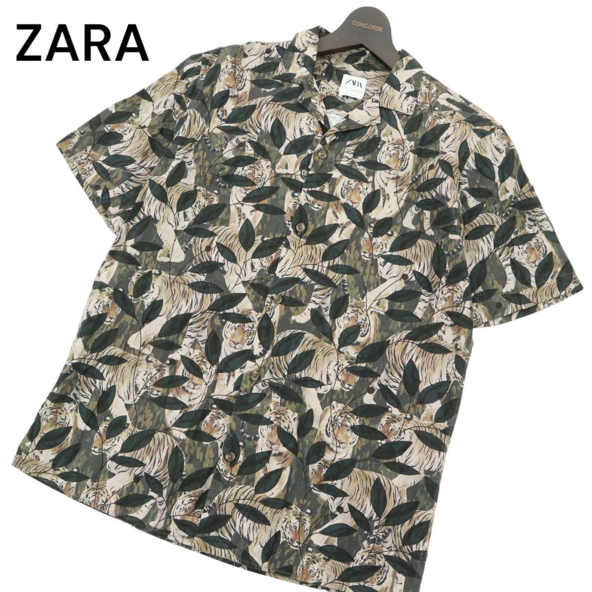 ZARA ザラ マン 現行タグ★ RELAXED FIT 【虎 タイガー リーフ 総柄】 半袖 オープンカラー シャツ Sz.M　メンズ モロッコ製　A4T03823_4#A_画像1