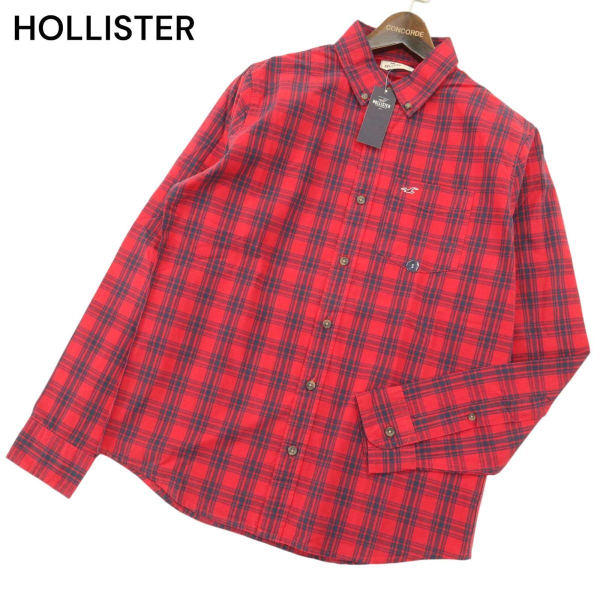 【新品 未使用】 HOLLISTER ホリスター 春夏 ロゴ刺繍★ 長袖 ボタンダウン チェック シャツ Sz.S　メンズ 赤　A4T03757_4#C_画像1