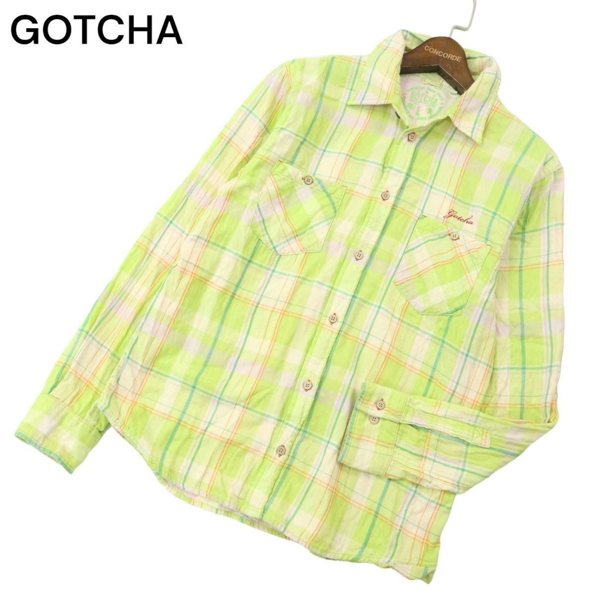 GOTCHA Gotcha весна лето Logo вышивка * длинный рукав двойной марля проверка рубашка Sz.L мужской Surf A4T04239_4#A