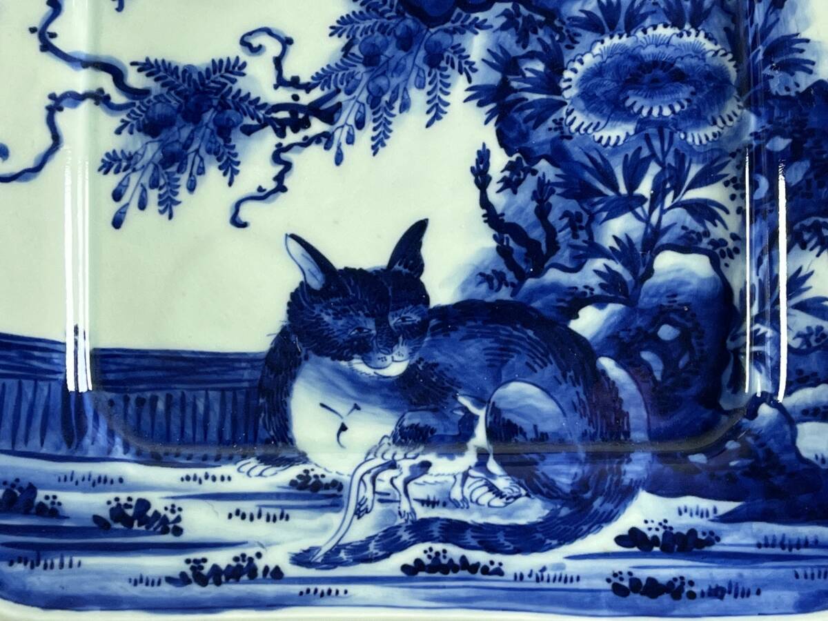 古伊万里染付猫図角皿 直径約28cm 幕末 状態良 珍品図柄の画像6