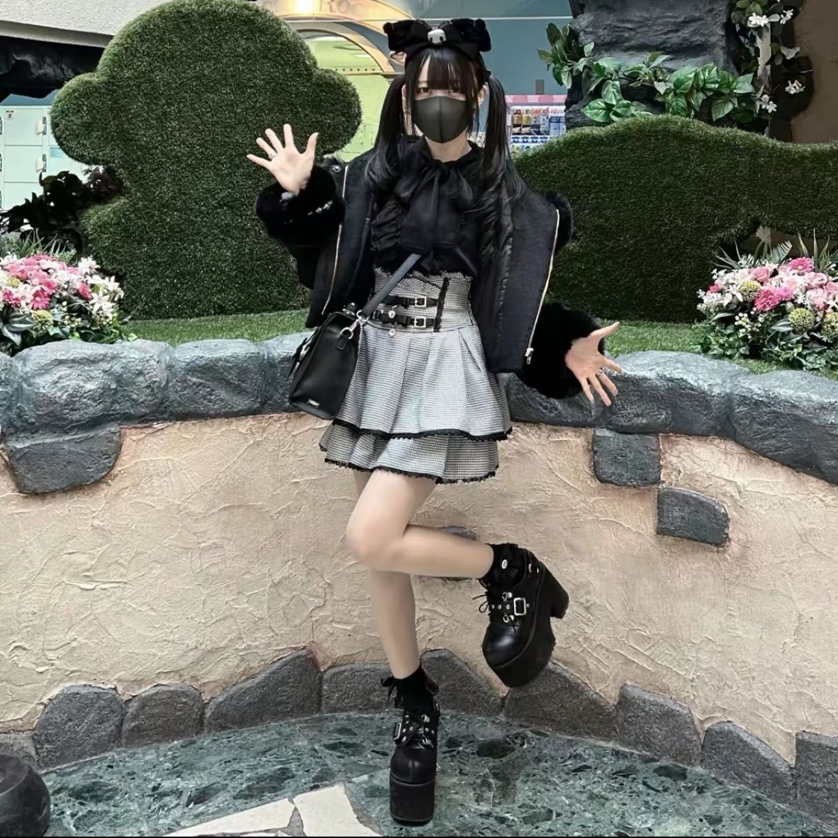LIZ LISA 2連リボンベルトスカパン ブラックチェック 黒 地雷系 LIZ LISA 2連リボンベルトスカパン ブラックチェック 黒 地雷系