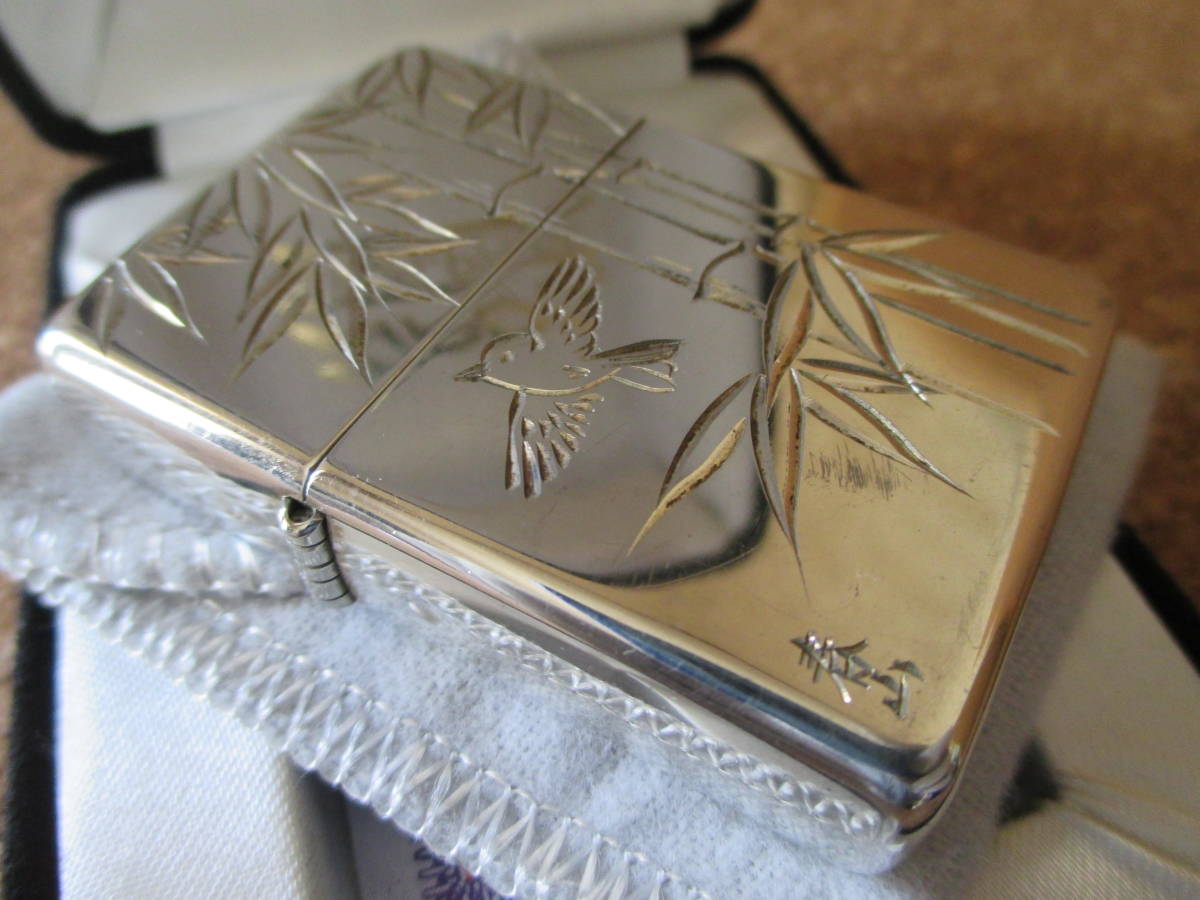 ZIPPO 『春山 sterling silver スターリングシルバー 竹藪に雀』2005年製造 日本昔話 舌切り雀 バンブー オイルライター ジッポ 廃版激レア