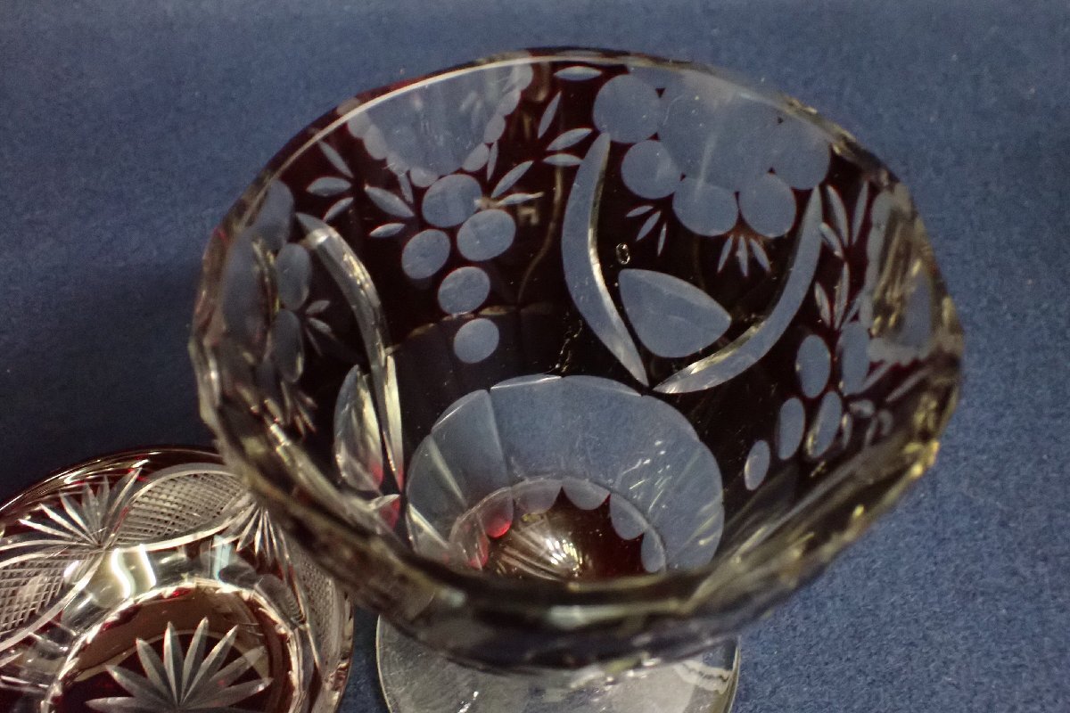 ★042447 切子ガラス カットガラス ワインレッド グラス 小皿 小鉢 三点 まとめて ★の画像6