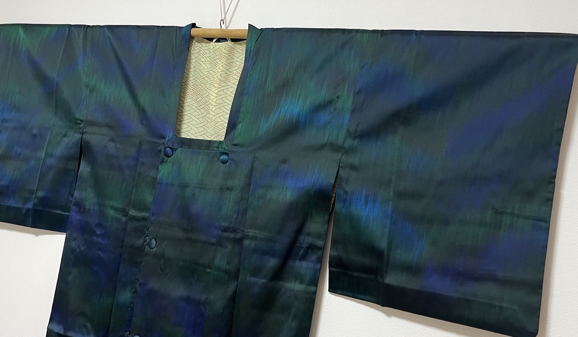 正絹 ロング道行コート 雨コート / 裄64.5cm 身丈129cm / ダークグリーン x ブルー / 美品 / 同梱可 / 羽織のみの販売ですの画像6