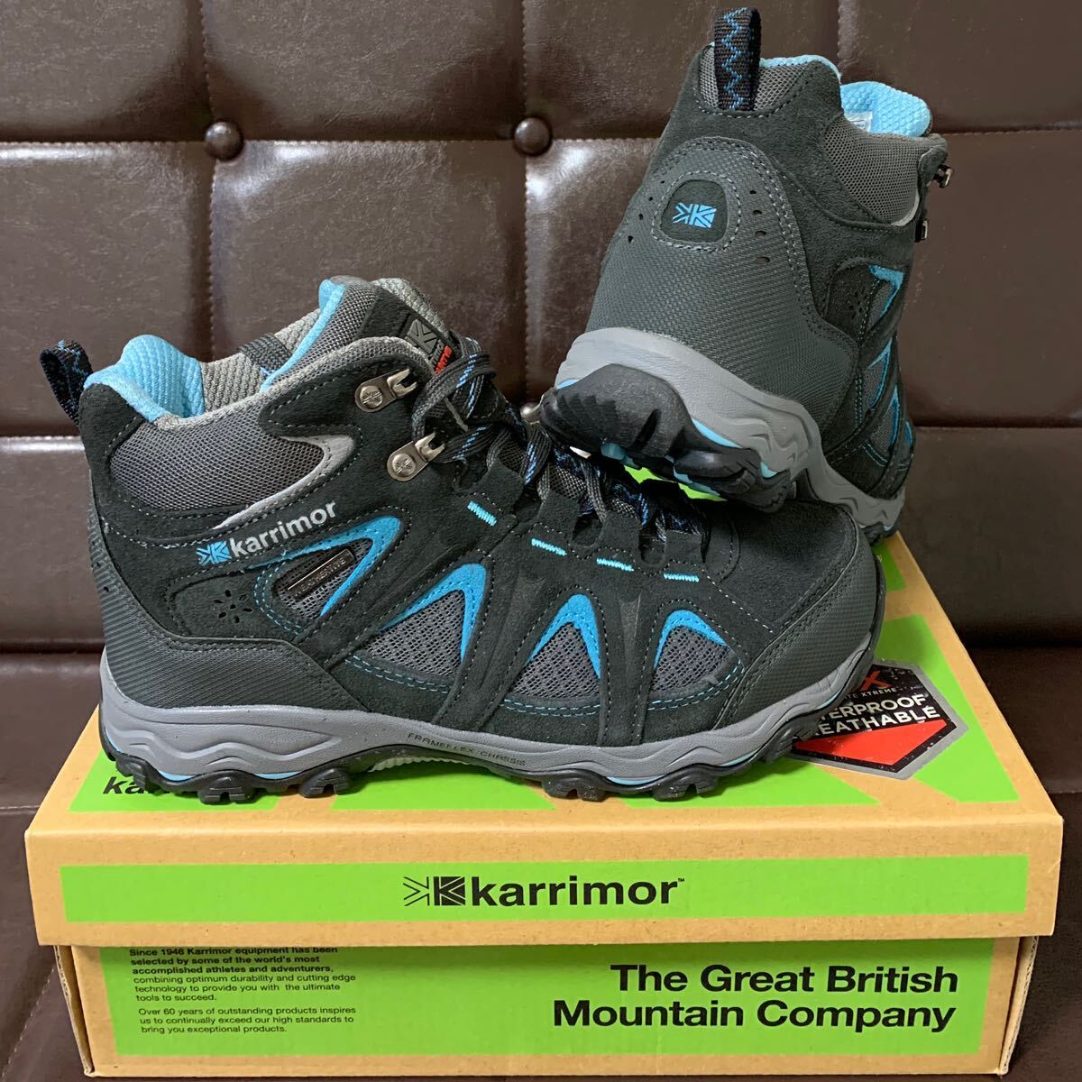  new goods!Karrimor Karrimor Mount Mid Ladies8 original leather waterproof trekking shoes 24.5cm gray / blue WEATHERTITE waterproof DYNAGRIP sole 