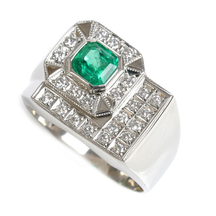 【冬バーゲン★特別送料無料!】 リング・指輪 Pt900プラチナ エメラルド1.02ct 中古 メンズ 33.7g 25号 ダイヤモンド0.48ct プラチナ