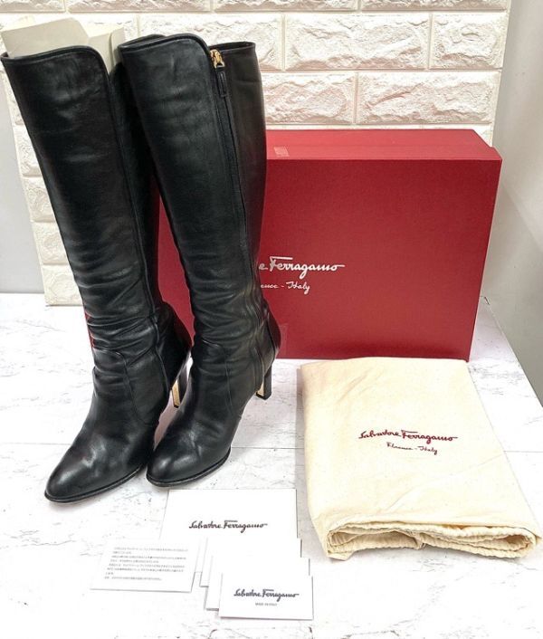 Salvatore Ferragamo サルヴァトーレフェラガモ レザー ロングブーツ DG50318 3J 85Z 7 C ブラック 保存袋 箱付き fah 4A987_画像1