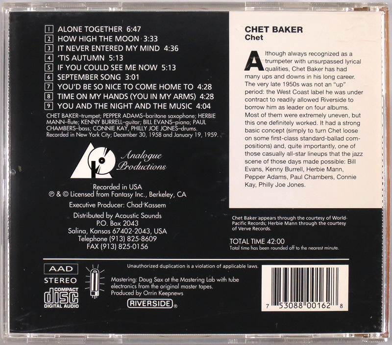 (GOLD CD) Chet Baker 『Chet』 輸入盤 CAPJ 016 Analogue Productions チェット・ベイカー / Bill Evans, Kenny Burrell, Pepper Adams..の画像2