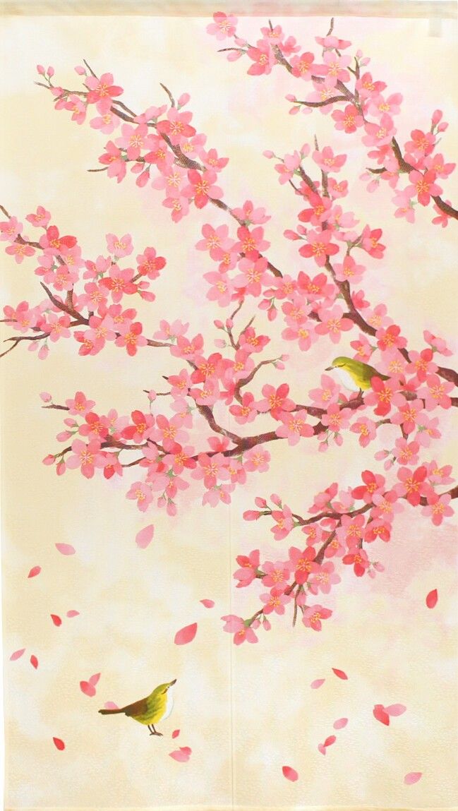 のれん 山中奈緒子 桜と鳥 85×150cm 日本製 暖簾 目隠し■匿名配送■