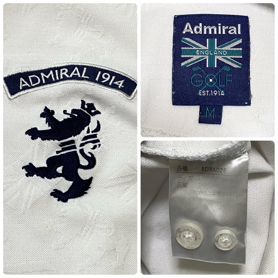 Admiral GOLF アドミラルゴルフ 半袖 ポロシャツ ストレッチ 吸水速乾 メンズ M 白 ホワイト ジャガード 総柄 ロゴ 刺繍 ゴルフウェア C397の画像8