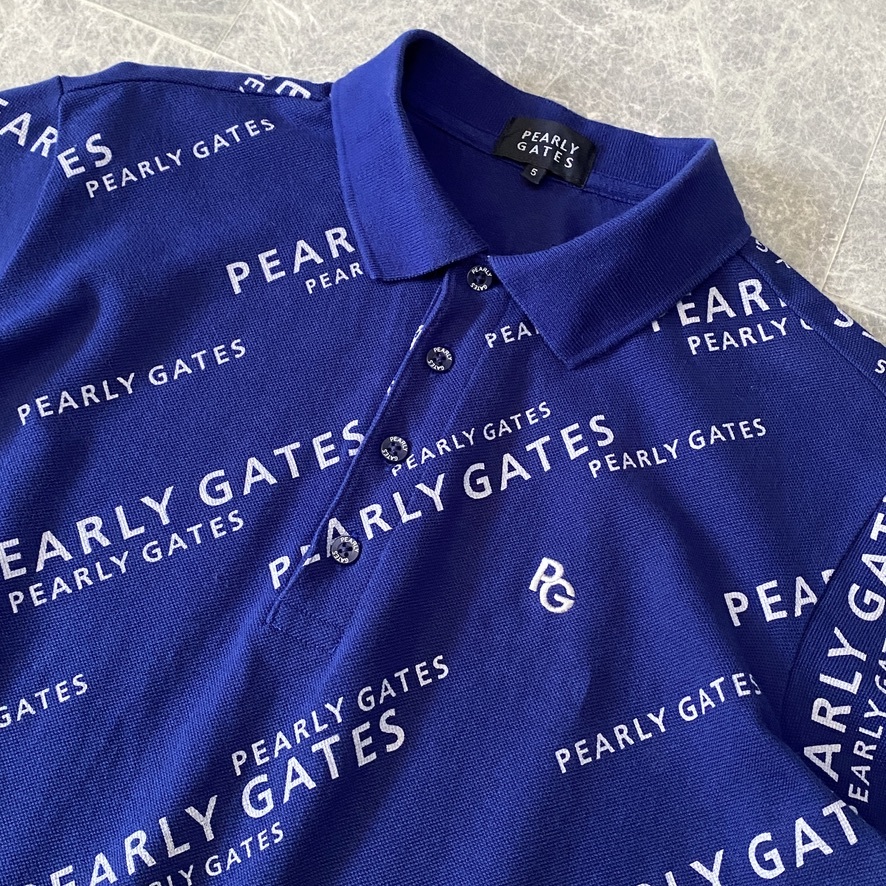 近年モデル PEARLY GATES パーリーゲイツ 半袖 鹿の子 ポロシャツ ストレッチ メンズ 5 (L) ブルー 白 ロゴ 総柄 ゴルフウェア 日本製 C420の画像4