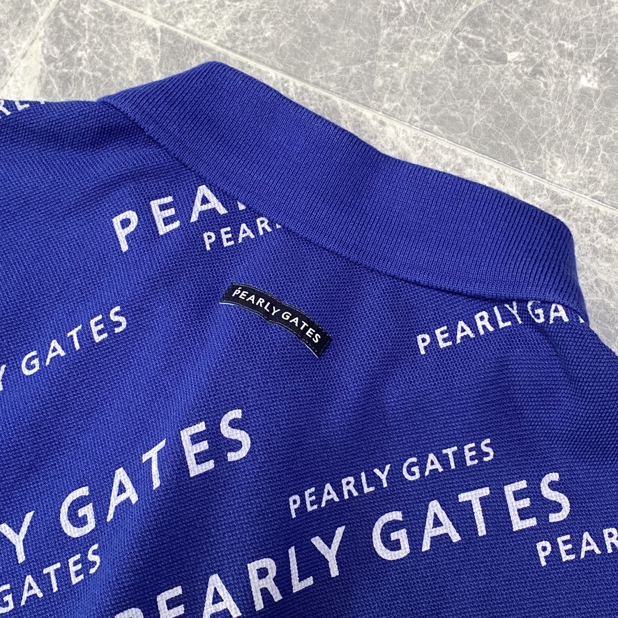 近年モデル PEARLY GATES パーリーゲイツ 半袖 鹿の子 ポロシャツ ストレッチ メンズ 5 (L) ブルー 白 ロゴ 総柄 ゴルフウェア 日本製 C420の画像6