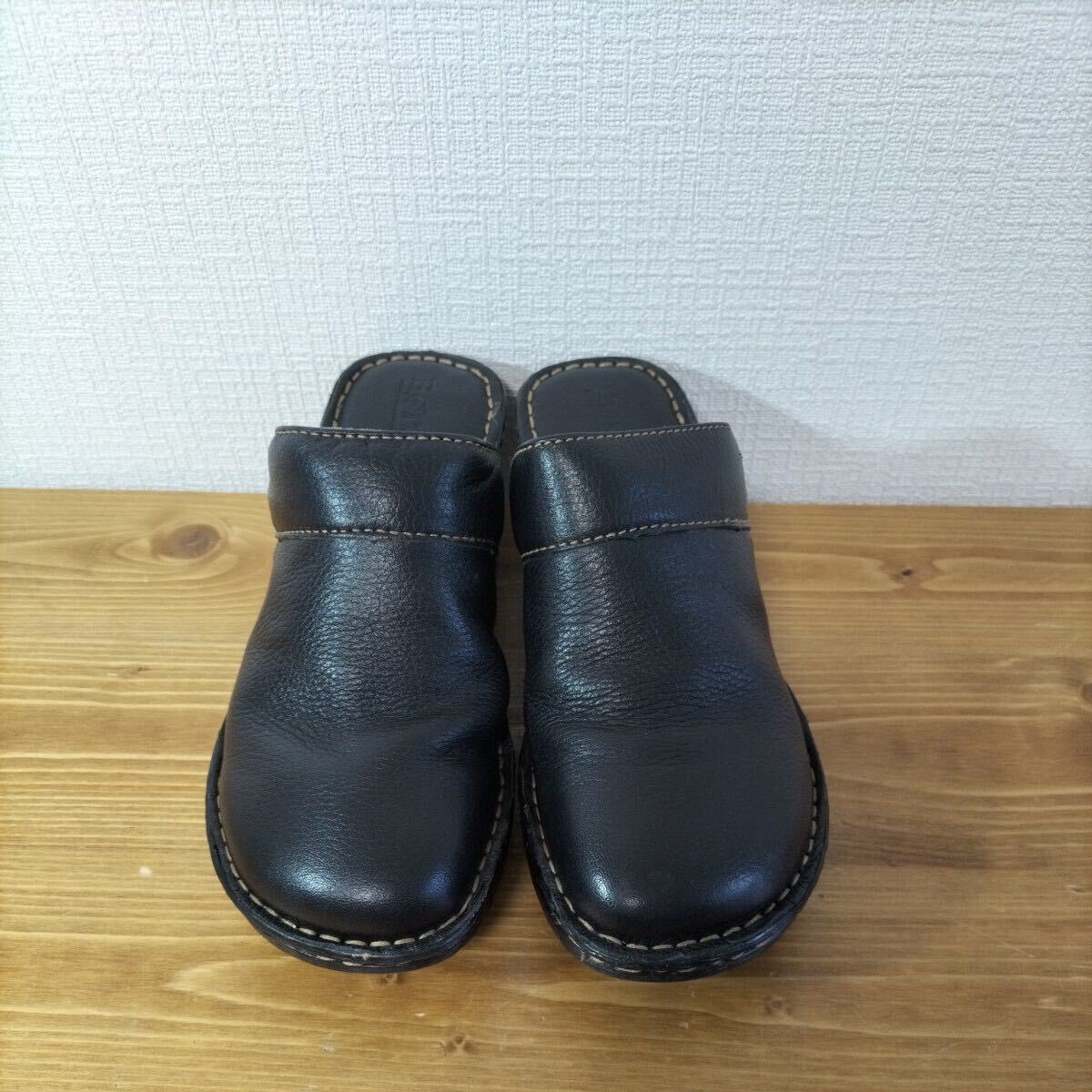 4-320 Born ボーン 革 レザー レディース 靴 サンダル 厚底 黒 ブラック サイズ38の画像2