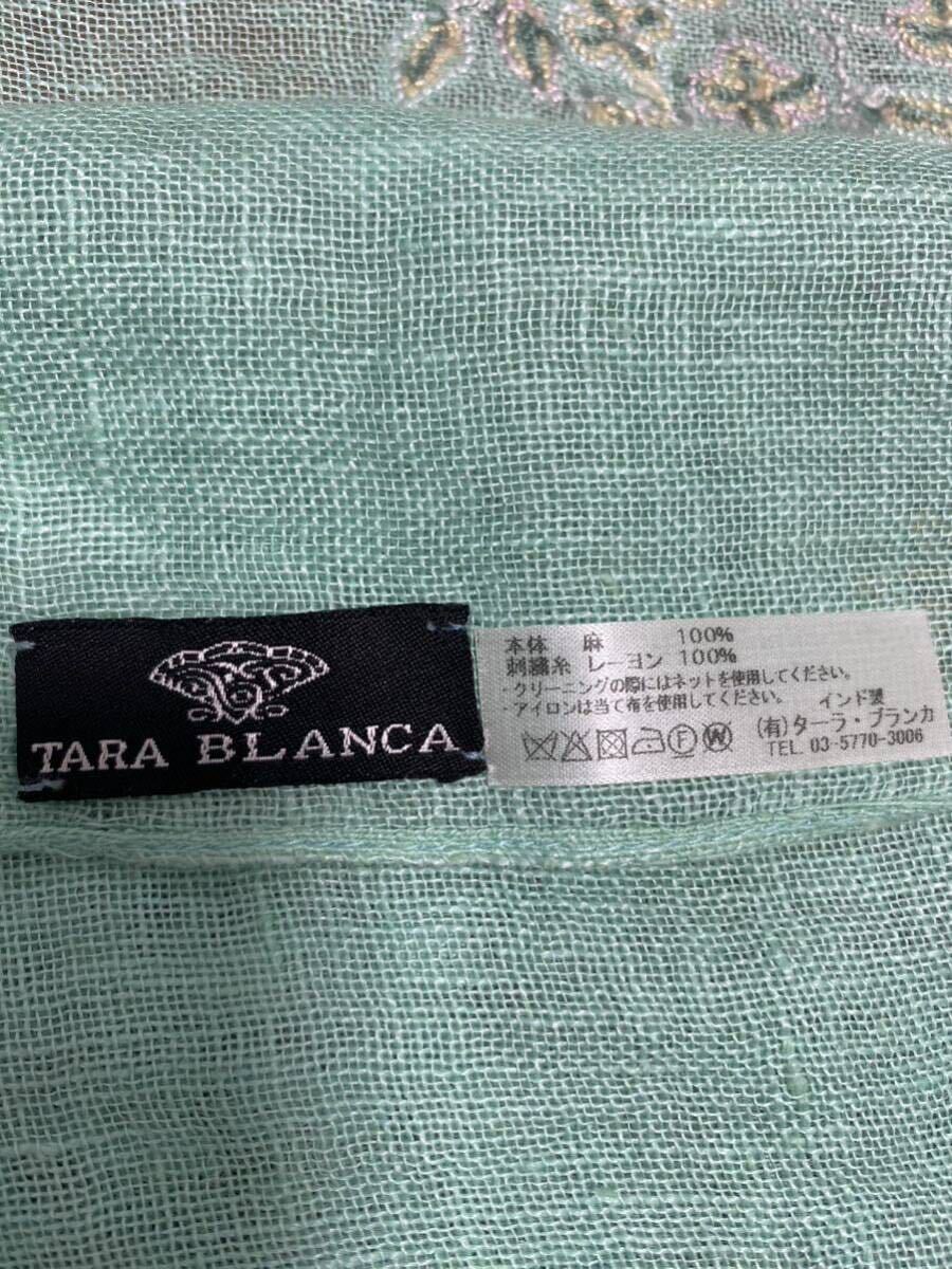 4-226 TARA BLANCA ターラブランカ ストール ロングストール 大判ストール スカーフ フリンジ 刺繍 花柄 緑 ミントグリーン リネン 麻100%の画像9