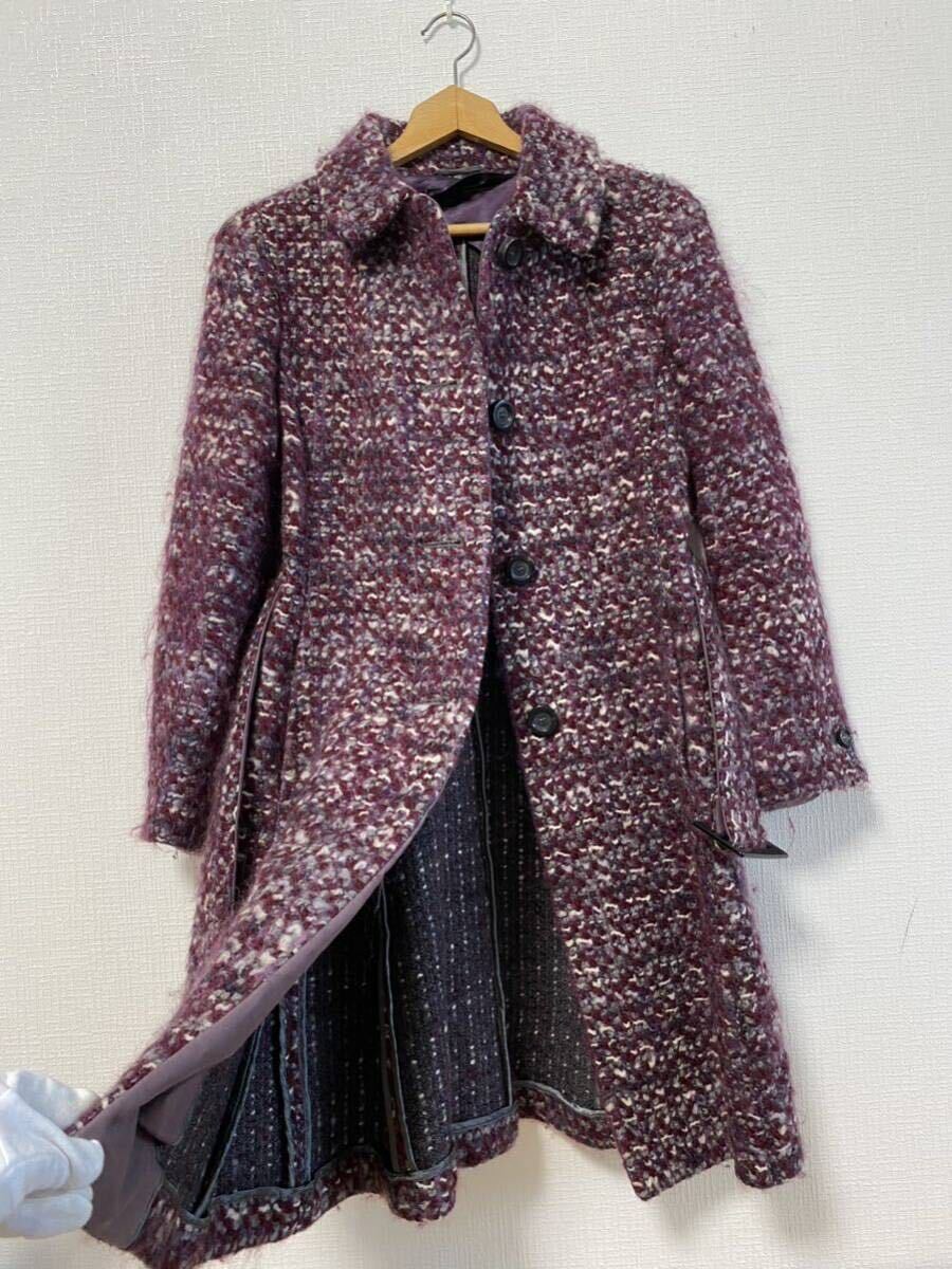 4-293 MaxMara マックスマーラ セットアップ コート ロングコート ベルテッド スカート 台形スカート ツイード ウール 紫 パープルの画像4